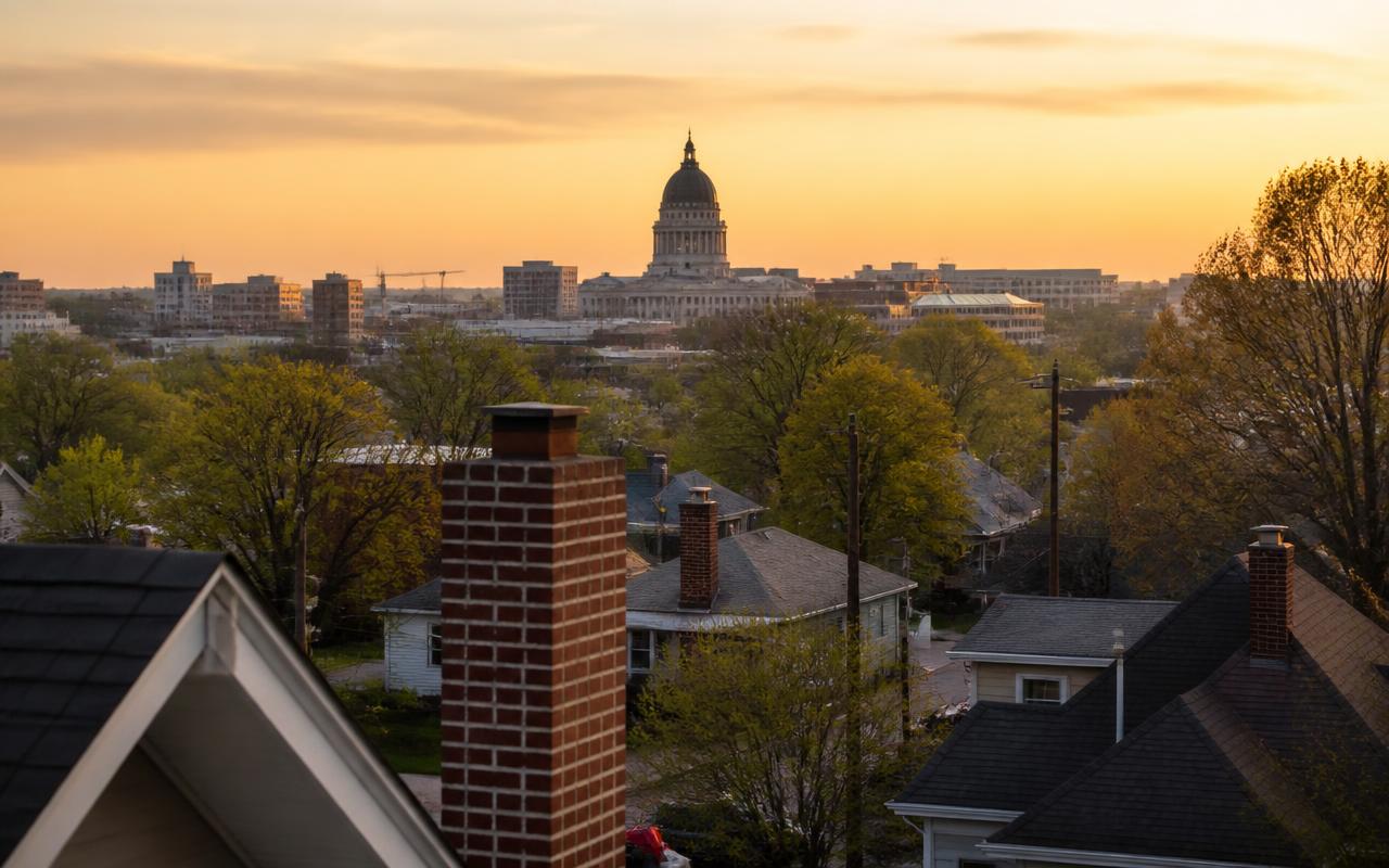 Topeka, Kansas residential rooftops with brick chimneys and the state capitol dome at dusk